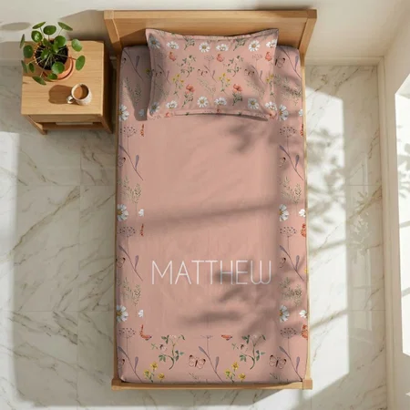 Blush Pink Peach Wildflower Customized Full Print Single Bed Bedsheet in Cotton Feel Fabric with Photo Print