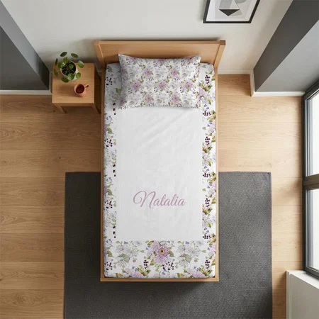 Pastel Botanical Wildflower Watercolor Floral Customized Full Print Single Bed Bedsheet in Cotton Feel Fabric with Photo Print