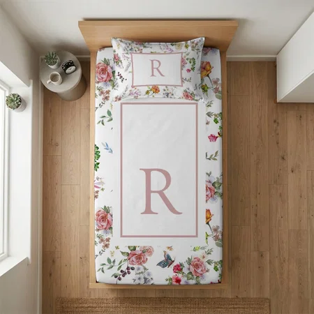 Rose Pink Elegant Floral Watercolor Monogrammed Customized Full Print Single Bed Bedsheet in Cotton Feel Fabric with Photo Print