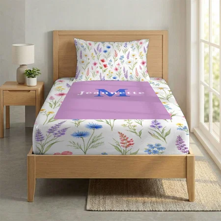 Chic Wildflower Watercolor Floral Monogram Name Customized Full Print Single Bed Bedsheet in Cotton Feel Fabric with Photo Print
