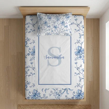 Blue Floral French Toile Monogram Name Customized Full Print Single Bed Bedsheet in Cotton Feel Fabric with Photo Print