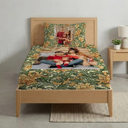 Pastel Green Orange Peach Flowers Pattern Customized Full Print Single Bed Bedsheet in Cotton Feel Fabric with Photo Print