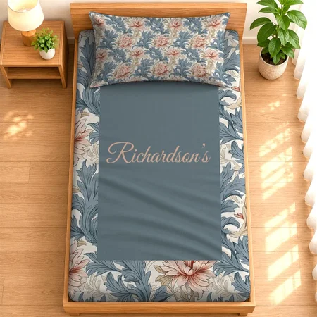 Pale Pink Pastel Blue Flowers Pattern Customized Full Print Single Bed Bedsheet in Cotton Feel Fabric with Photo Print