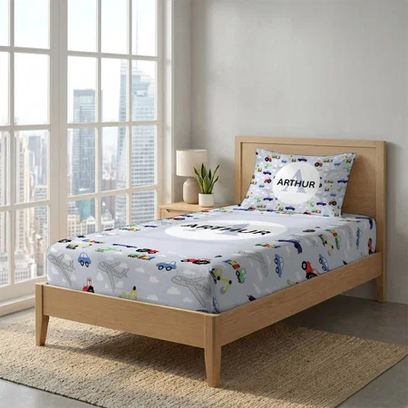 Boys Cute Transport Pattern Monogram Car Name Customized Full Print Single Bed Bedsheet in Cotton Feel Fabric with Photo Print