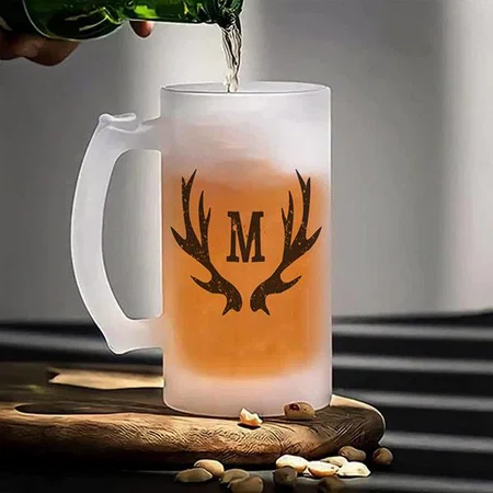 Vintage Deer Antler Initial Monogram Customized Photo Printed Beer Mug