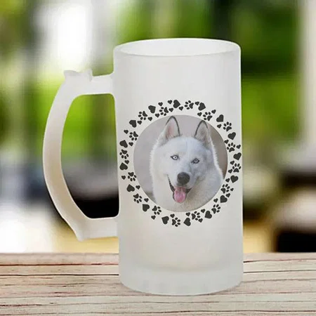 Pet Photo Dog Paw Printed in Hearts Frame Customized Photo Printed Beer Mug