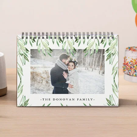 Trendy Watercolor Botanical Leaf Photo Customized Photo Desk Landscspe Calendar
