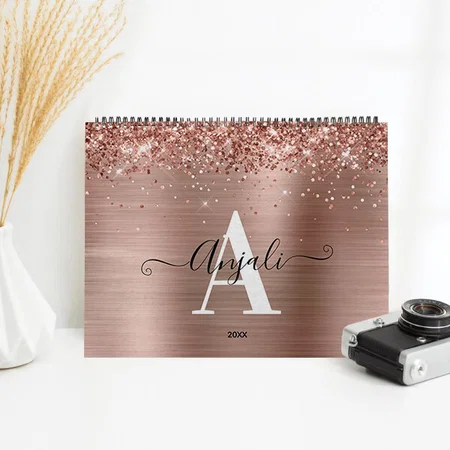 Glittery Rose Gold Foil Signature Monogram Customized Photo Desk Landscspe Calendar