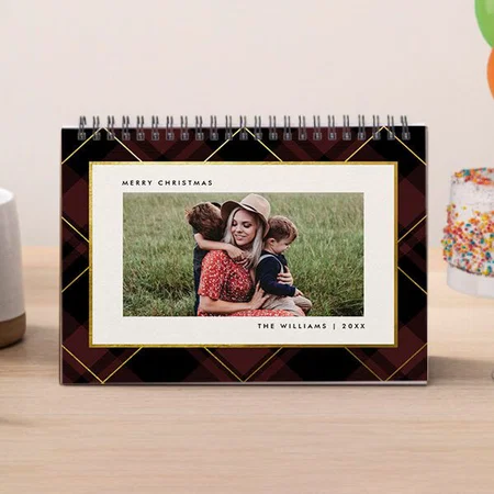 Gold & Dark Red Line Pattern Customized Photo Desk Landscspe Calendar
