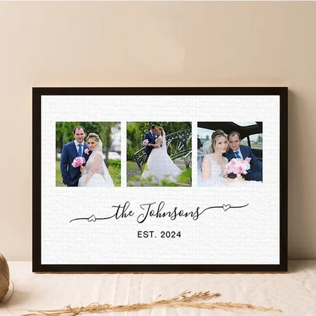 Three Wedding Photo Heart Swash Signature Customized Photo Printed Rectangle Horizontal Canvas Frame