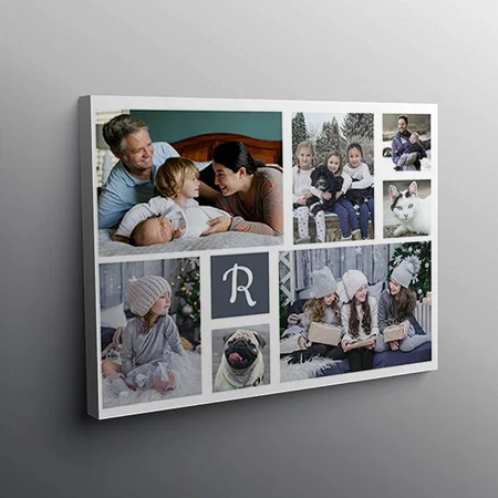 Family Photo Collage Monogrammed 7 Pictures White Customized Photo Printed Rectangle Horizontal Canvas Frame