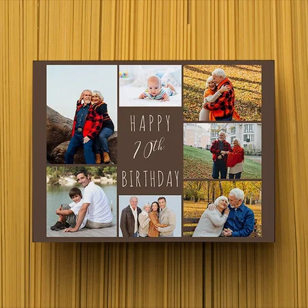 Photo Collage 7 Picture Warm Brown 70th Birthday Customized Photo Printed Rectangle Horizontal Canvas Frame