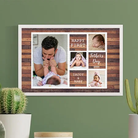 Happy First Father's Day Wood 4 Photo Collage Customized Photo Printed Rectangle Horizontal Canvas Frame