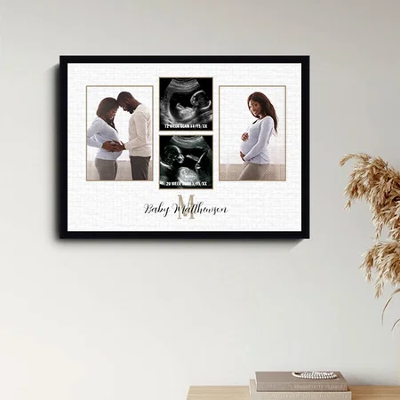 Pregnancy 4 photo Collage Monogram Initial Customized Photo Printed Rectangle Horizontal Canvas Frame