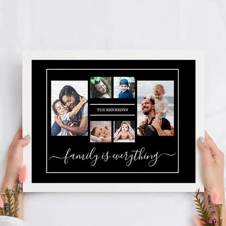 6 Photo Collage Family Name Quote Black Customized Photo Printed Rectangle Horizontal Canvas Frame
