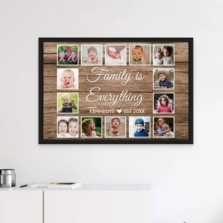 Rustic Wood 14 Photo Collage Family Name Quote Customized Photo Printed Rectangle Horizontal Canvas Frame