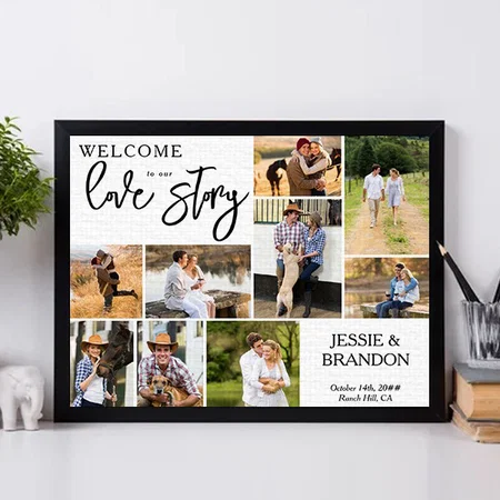 Welcome to our Love Story Multi Photo Wedding Customized Photo Printed Rectangle Horizontal Canvas Frame