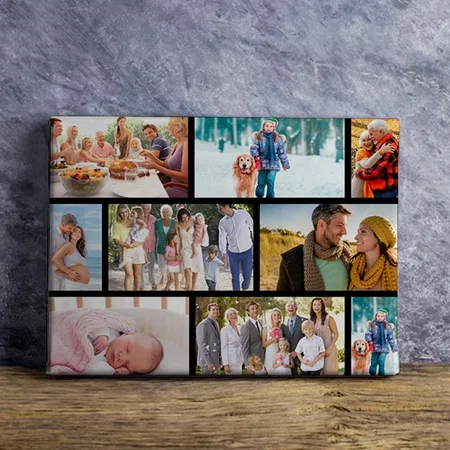 Masonry Grid 9 Photo Collage Black Customized Photo Printed Rectangle Horizontal Canvas Frame