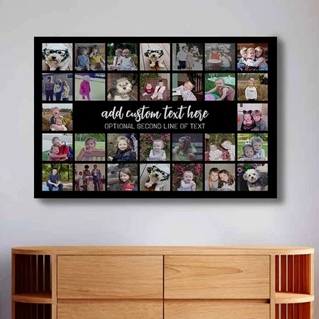 30 Photo Collage Grid - 2 Text Boxes - Black White Customized Photo Printed Rectangle Horizontal Canvas Frame
