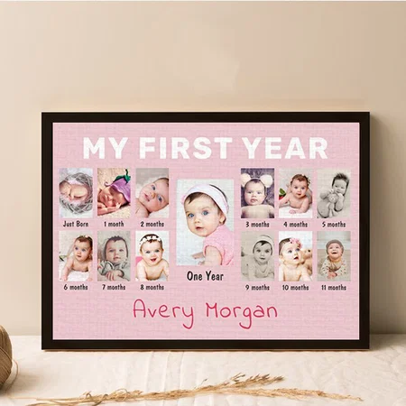Baby's First Year Custom 12 Months Photo Collage Customized Photo Printed Rectangle Horizontal Canvas Frame