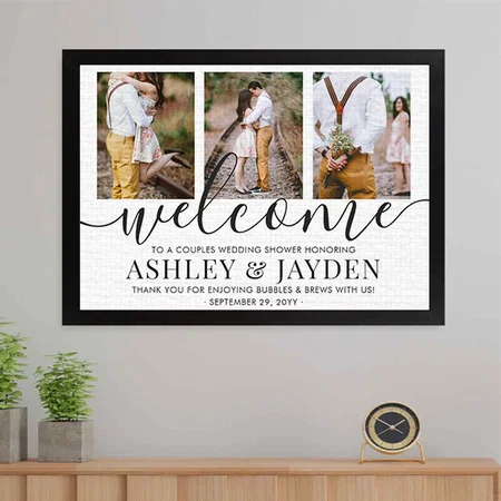 Couples Wedding Shower Elegant 3 Photo Welcome Customized Photo Printed Rectangle Horizontal Canvas Frame
