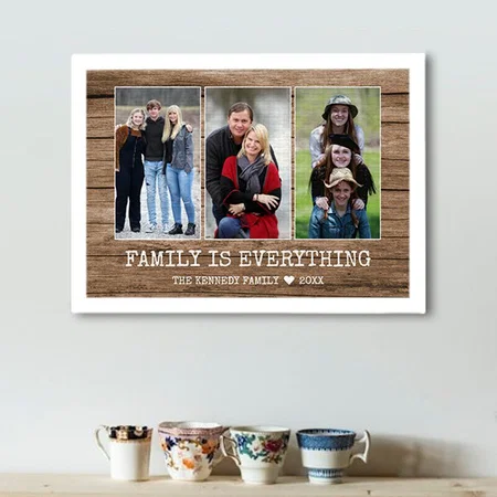 Rustic Wood 3 Photo Collage Family Name Quote Customized Photo Printed Rectangle Horizontal Canvas Frame