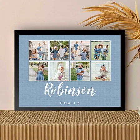Monogrammed 8 Photo Family Collage Light Blue Customized Photo Printed Rectangle Horizontal Canvas Frame
