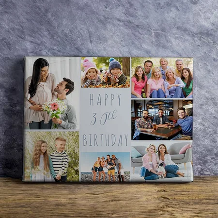 Photo Collage 7 Picture Dusty Blue 30th Birthday Customized Photo Printed Rectangle Horizontal Canvas Frame
