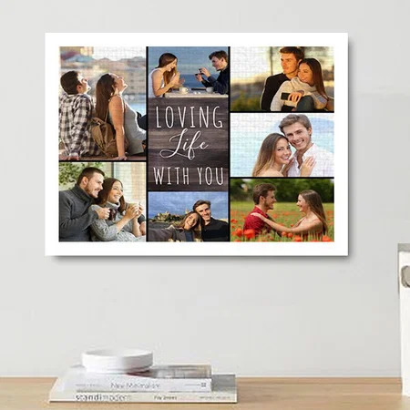 Loving Life with You 7 Photo Collage - Rustic Wood Customized Photo Printed Rectangle Horizontal Canvas Frame