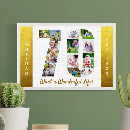 Number 70 Photo Collage 70th Birthday Gold & White Customized Photo Printed Rectangle Horizontal Canvas Frame