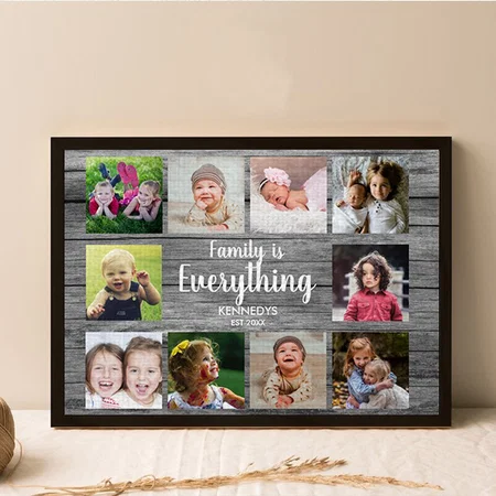 Rustic Gray Wood 10 Photo Collage Family Customized Photo Printed Rectangle Horizontal Canvas Frame