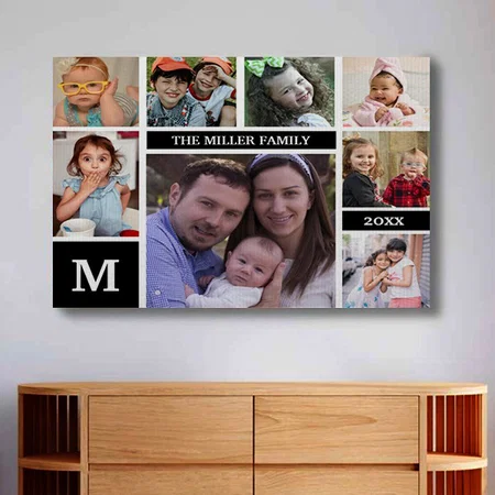 Custom 8 Photo Collage Family Name Monogram Black Customized Photo Printed Rectangle Horizontal Canvas Frame
