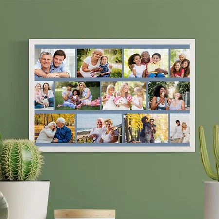 Modern 12 Photo Masonry Grid Blue Customized Photo Printed Rectangle Horizontal Canvas Frame