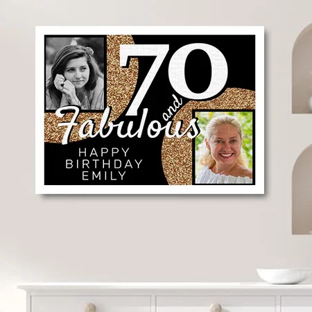70 and Fabulous Gold Glitter 2 Photo Birthday Customized Photo Printed Rectangle Horizontal Canvas Frame