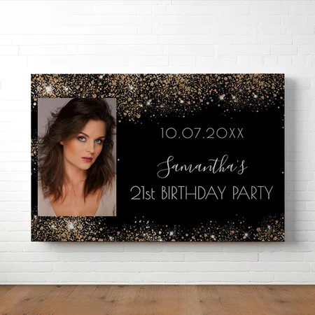 Birthday Black Gold Photo Glitter Customized Photo Printed Rectangle Horizontal Canvas Frame