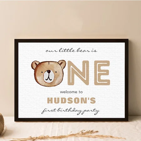 Bear Birthday Welcome Sign Customized Photo Printed Rectangle Horizontal Canvas Frame