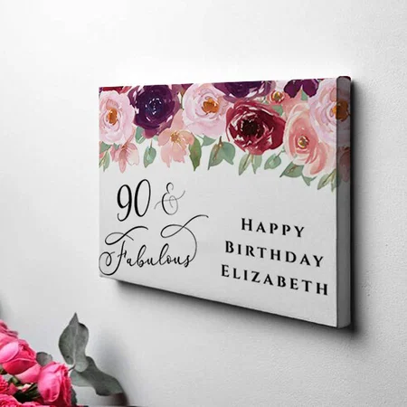 Elegant Floral Burgundy Pink 90th Birthday Party Customized Photo Printed Rectangle Horizontal Canvas Frame