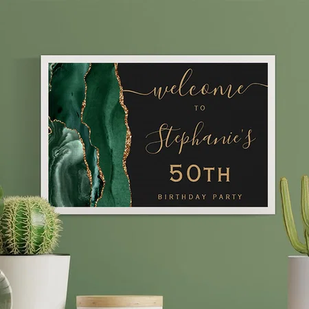 50th Birthday Emerald Green Gold Agate Welcome Customized Photo Printed Rectangle Horizontal Canvas Frame