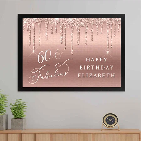 Rose Gold Glitter 60th Birthday Party Welcome Customized Photo Printed Rectangle Horizontal Canvas Frame