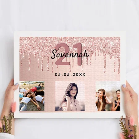 Birthday Party Custom Photo Rose Gold Pink Glitter Customized Photo Printed Rectangle Horizontal Canvas Frame