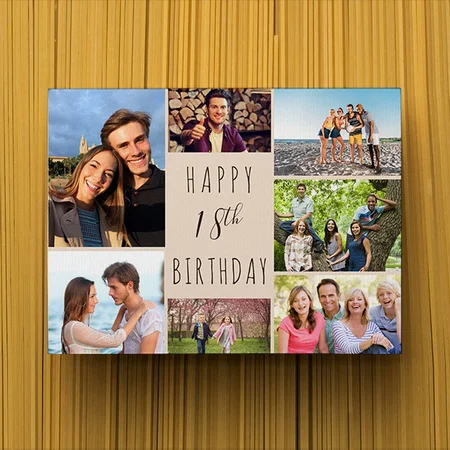 Photo Collage 7 Picture Beige Brown 18th Birthday Customized Photo Printed Rectangle Horizontal Canvas Frame