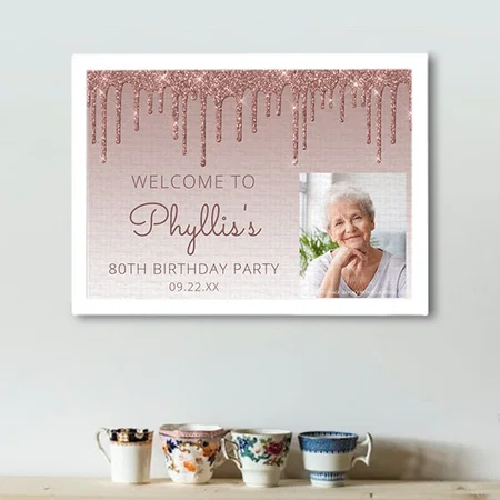 Custom Photo Rose Gold 80th Birthday Welcome Customized Photo Printed Rectangle Horizontal Canvas Frame