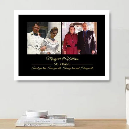Now and Then Photos Gold Text Anniversary Photo Customized Photo Printed Rectangle Horizontal Canvas Frame