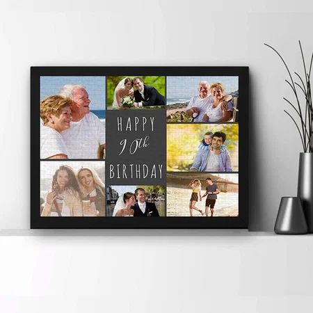 Photo Collage 7 Picture Grey White 90th Birthday Customized Photo Printed Rectangle Horizontal Canvas Frame
