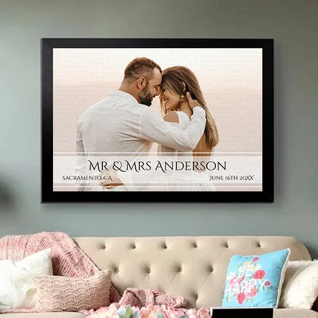 Elegant Wedding Photo Anniversary Date Customized Photo Printed Rectangle Horizontal Canvas Frame