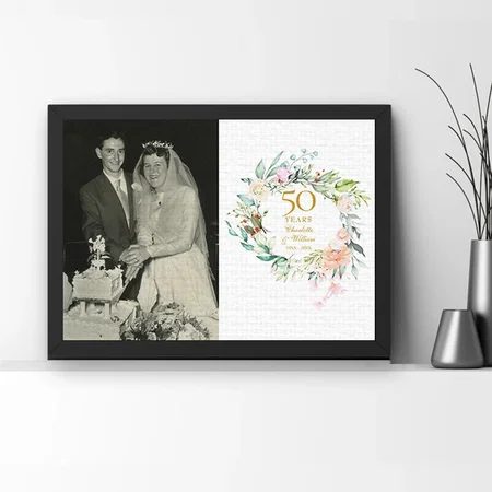 50th Golden Wedding Anniversary Photo Floral Roses Customized Photo Printed Rectangle Horizontal Canvas Frame