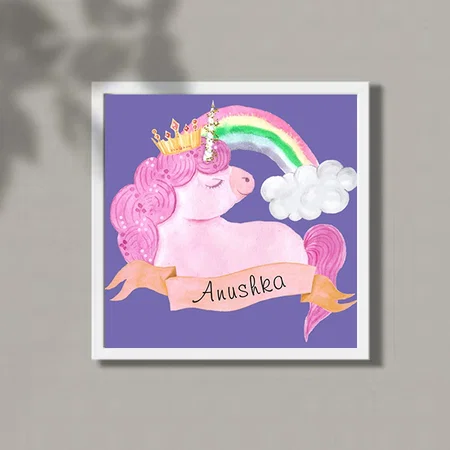 Rainbow Unicorn Custom Name Customized Photo Printed Square Canvas Frame