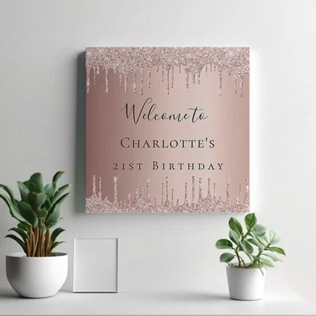 Birthday Party Rose Gold Glitter Customized Photo Printed Square Canvas Frame