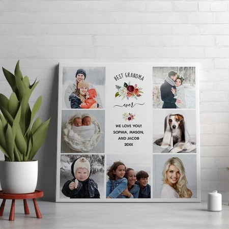Best Grandma Ever | Burgundy Boho Floral Customized Photo Printed Square Canvas Frame