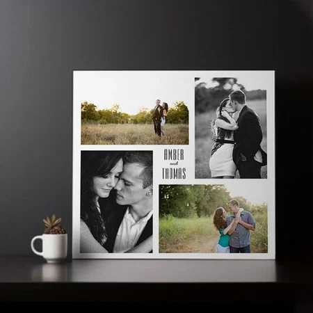 Square Couple 4-Photo Collage with Names Customized Photo Printed Square Canvas Frame